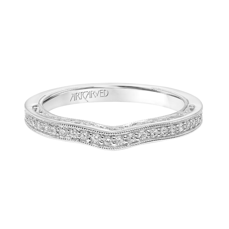 Artcarved Bridal Mounted with Side Stones Vintage Filigree Diamond Wedding Band Vera 18K White Gold