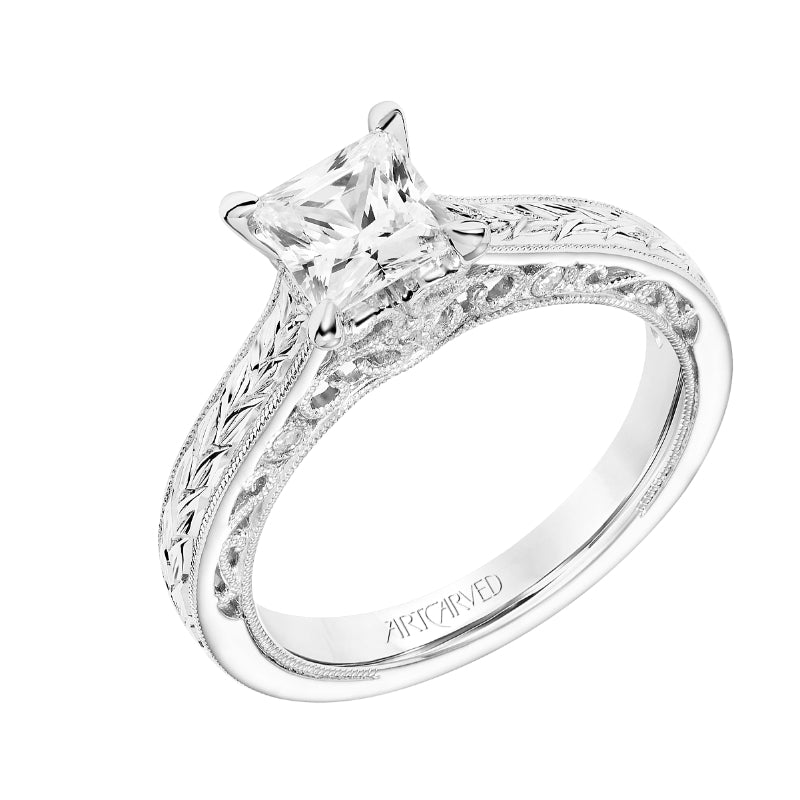 Artcarved Bridal Semi-Mounted with Side Stones Vintage Filigree Diamond Engagement Ring Marion 14K White Gold