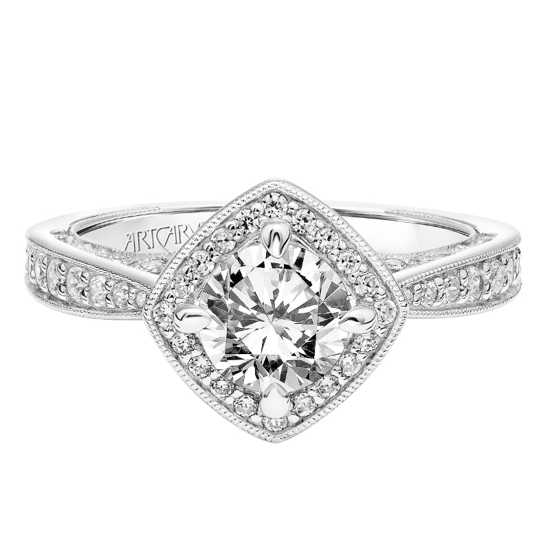 Artcarved Bridal Mounted with CZ Center Vintage Filigree Halo Engagement Ring Astrid 18K White Gold