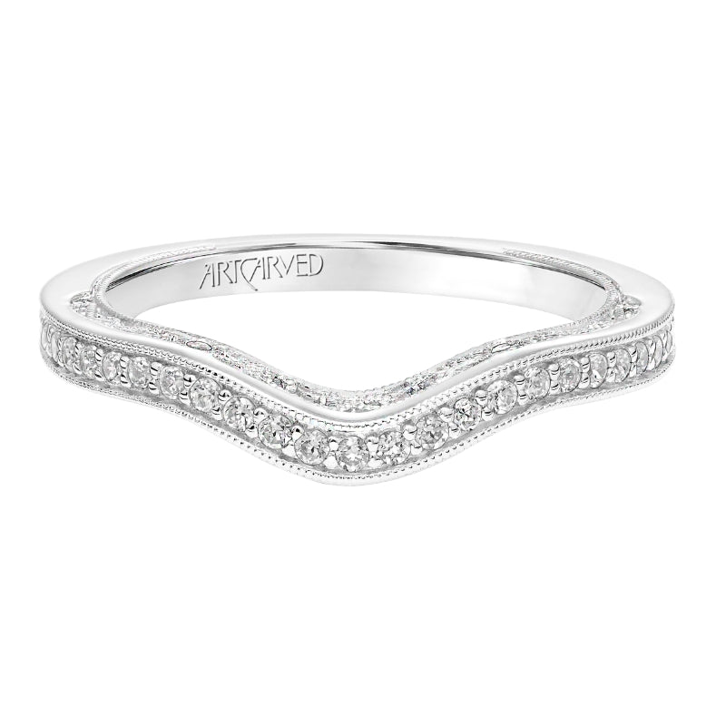 Artcarved Bridal Mounted with Side Stones Vintage Filigree Halo Diamond Wedding Band Astrid 14K White Gold