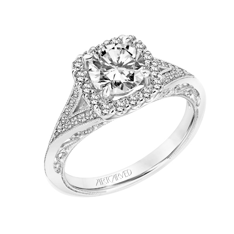 Artcarved Bridal Semi-Mounted with Side Stones Vintage Filigree Halo Engagement Ring Prudence 18K White Gold