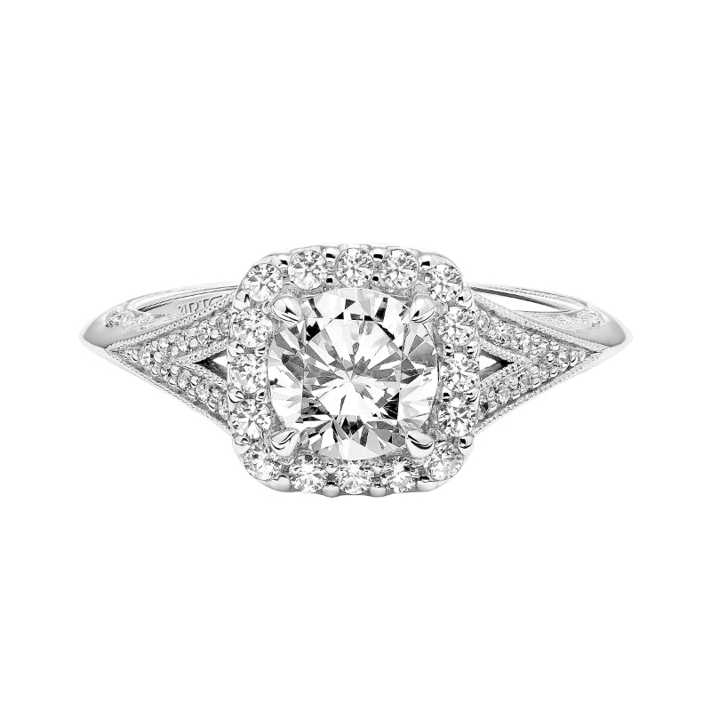 Artcarved Bridal Semi-Mounted with Side Stones Vintage Filigree Halo Engagement Ring Prudence 18K White Gold