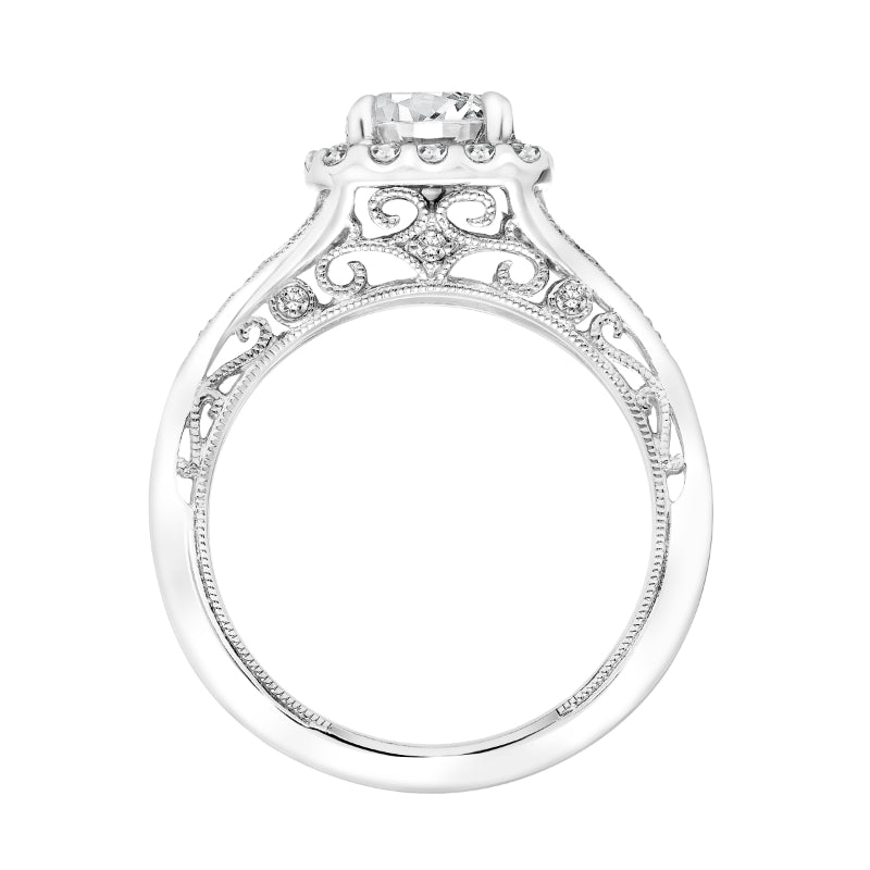 Artcarved Bridal Semi-Mounted with Side Stones Vintage Filigree Halo Engagement Ring Prudence 18K White Gold