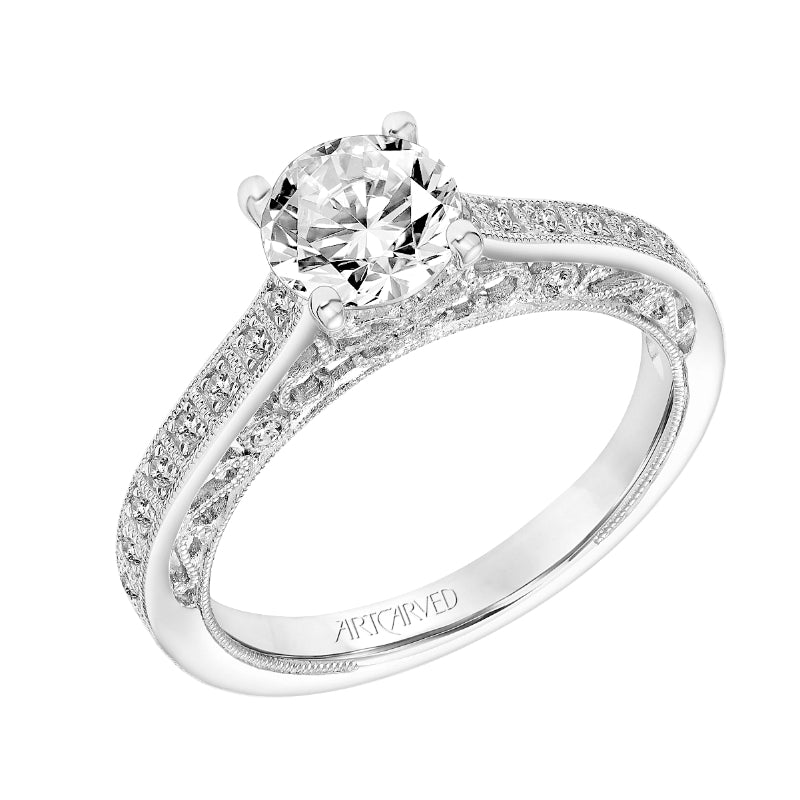 Artcarved Bridal Semi-Mounted with Side Stones Vintage Filigree Diamond Engagement Ring Mae 14K White Gold