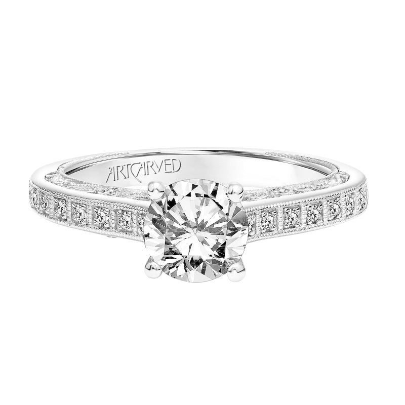Artcarved Bridal Semi-Mounted with Side Stones Vintage Filigree Diamond Engagement Ring Mae 18K White Gold