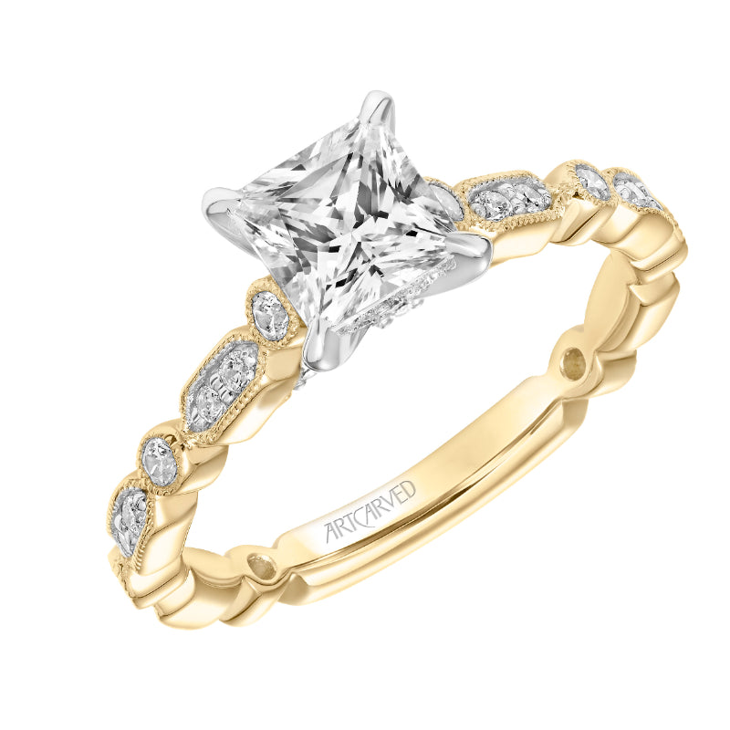 Artcarved Bridal Semi-Mounted with Side Stones Vintage Milgrain Diamond Engagement Ring Beatrice 18K Yellow Gold Primary & White Gold