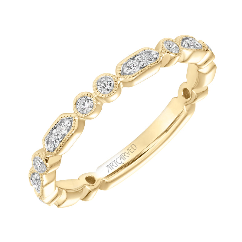 Artcarved Bridal Mounted with Side Stones Vintage Milgrain Diamond Wedding Band Beatrice 14K Yellow Gold