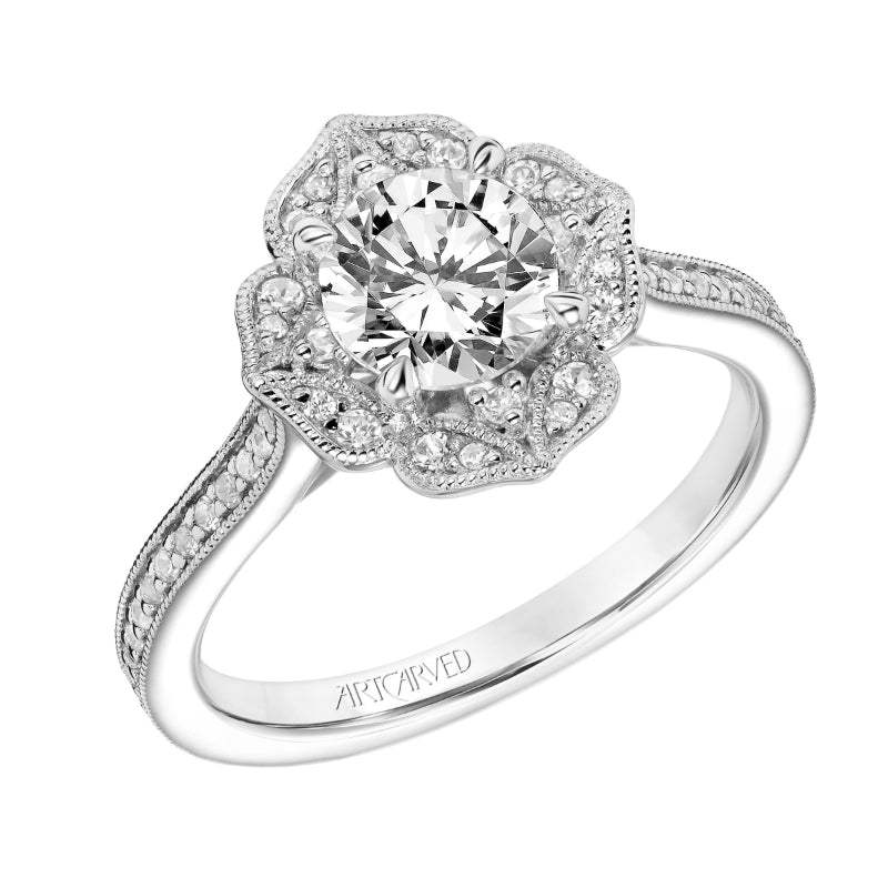 Artcarved Bridal Semi-Mounted with Side Stones Vintage Milgrain Halo Engagement Ring Martha 14K White Gold