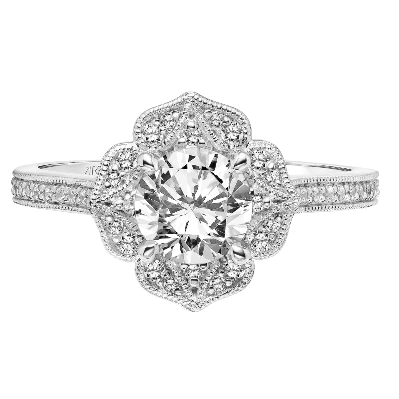 Artcarved Bridal Semi-Mounted with Side Stones Vintage Milgrain Halo Engagement Ring Martha 14K White Gold