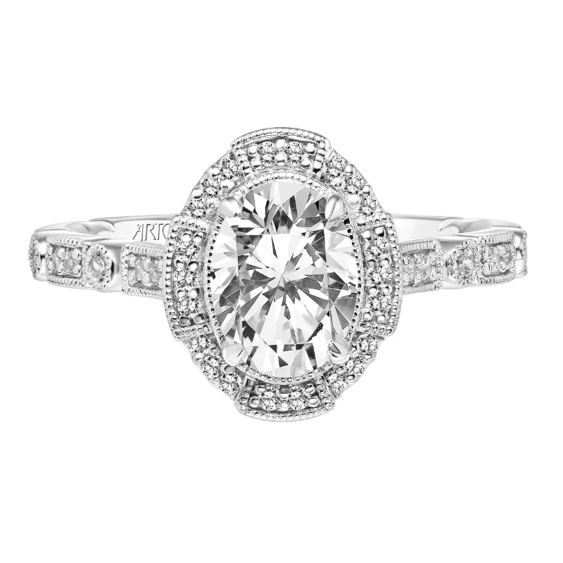 Artcarved Bridal Semi-Mounted with Side Stones Vintage Vintage Halo Engagement Ring Bessie 18K White Gold