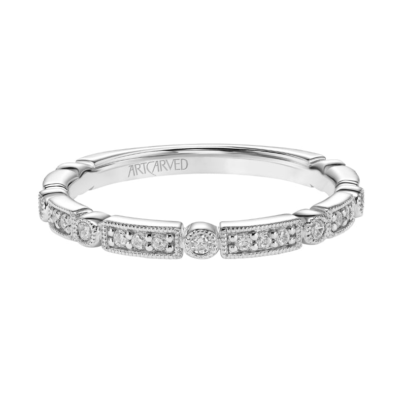 Artcarved Bridal Mounted with Side Stones Vintage Milgrain Halo Diamond Wedding Band Bessie 14K White Gold