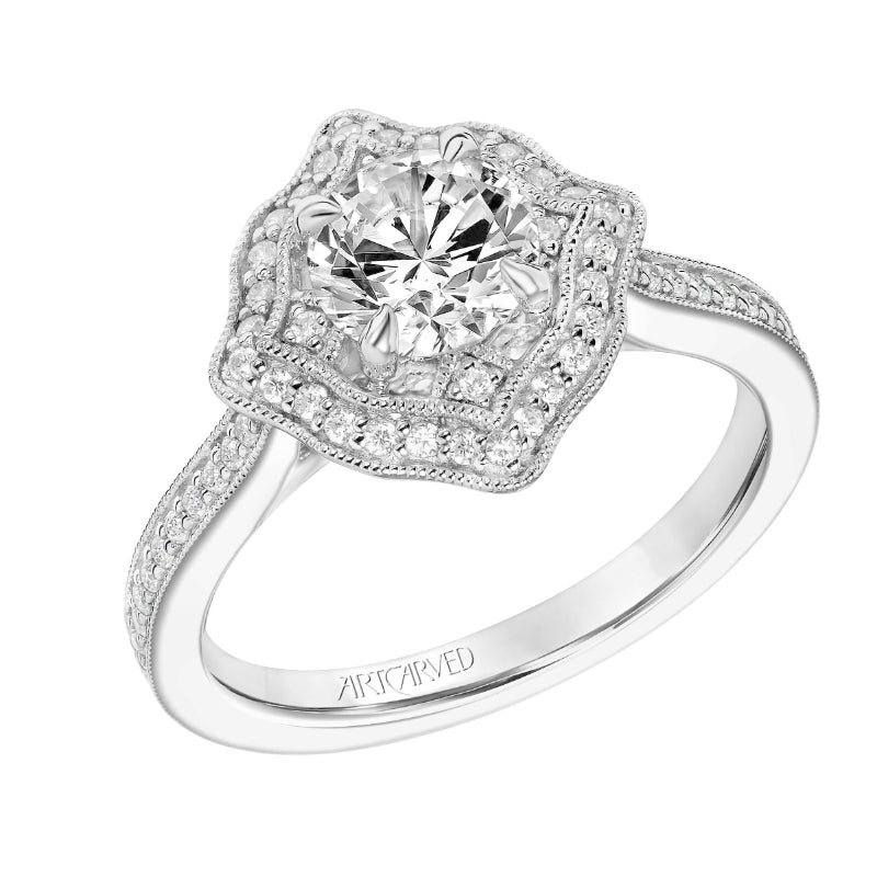 Artcarved Bridal Semi-Mounted with Side Stones Vintage Milgrain Halo Engagement Ring Yvonne 14K White Gold