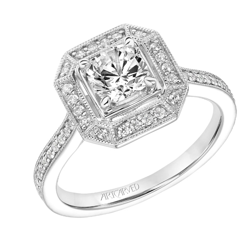 Artcarved Bridal Semi-Mounted with Side Stones Vintage Milgrain Halo Engagement Ring Maeve 14K White Gold
