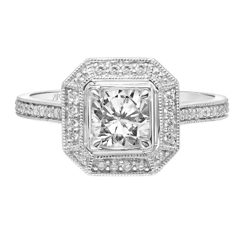 Artcarved Bridal Mounted with CZ Center Vintage Milgrain Halo Engagement Ring Maeve 14K White Gold