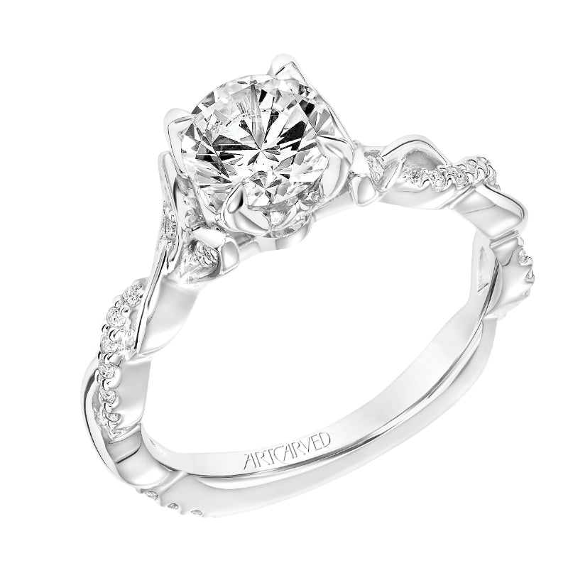 Artcarved Bridal Semi-Mounted with Side Stones Contemporary Floral Engagement Ring Amaryllis 18K White Gold