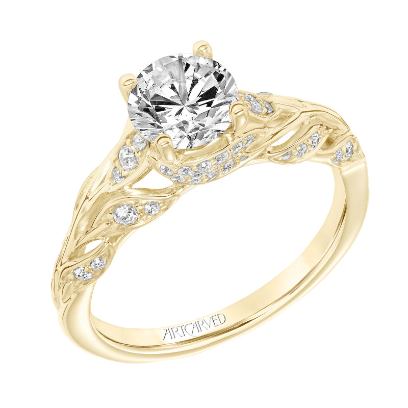 Artcarved Bridal Semi-Mounted with Side Stones Contemporary Floral Diamond Engagement Ring Camellia 18K Yellow Gold