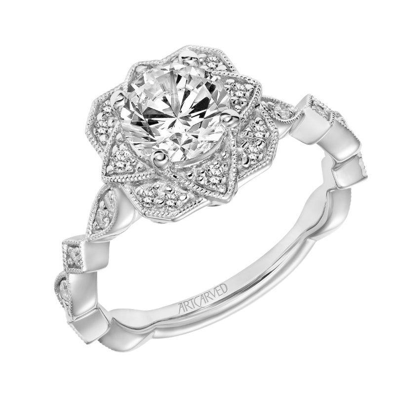 Artcarved Bridal Mounted with CZ Center Vintage Milgrain Engagement Ring Carol 18K White Gold