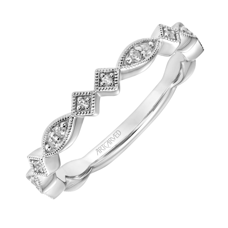 Artcarved Bridal Mounted with Side Stones Vintage Milgrain Diamond Wedding Band Carol 18K White Gold