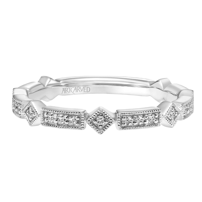 Artcarved Bridal Mounted with Side Stones Vintage Milgrain Diamond Wedding Band Elaine 18K White Gold