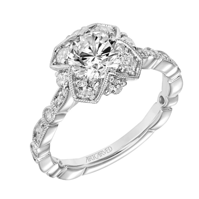 Artcarved Bridal Mounted with CZ Center Vintage Milgrain Engagement Ring Alma 14K White Gold