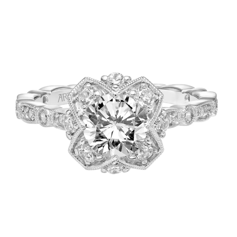 Artcarved Bridal Semi-Mounted with Side Stones Vintage Milgrain Engagement Ring Alma 18K White Gold