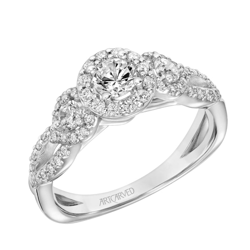 Artcarved Bridal Semi-Mounted with Side Stones Contemporary One Love Halo Engagement Ring 18K White Gold