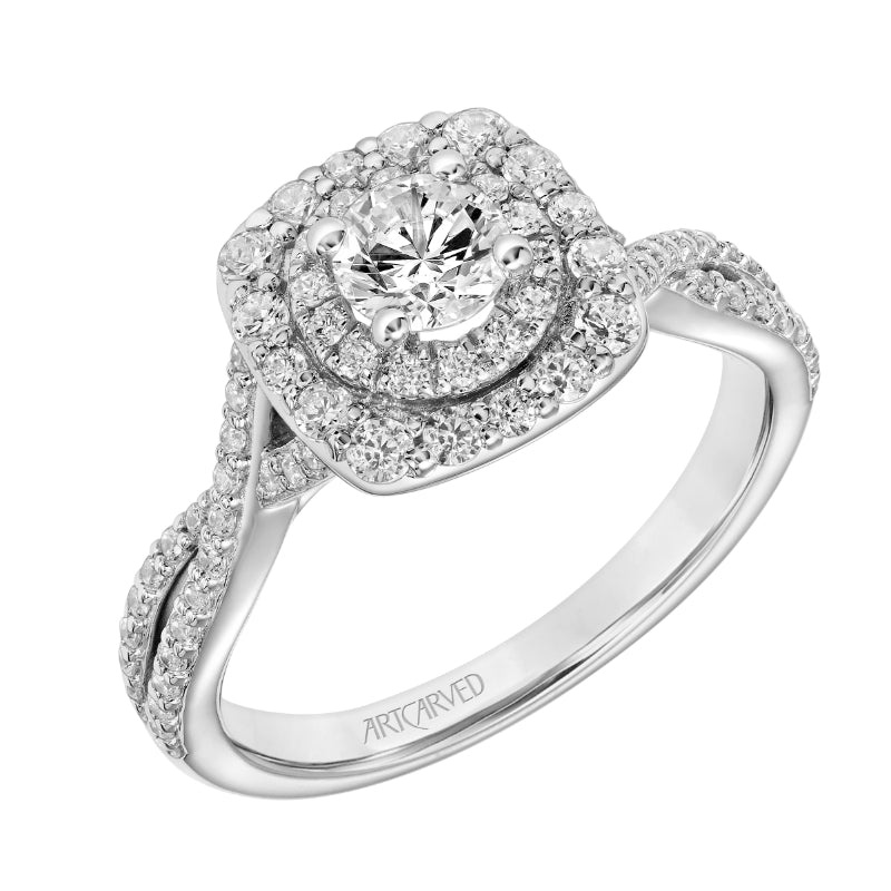 Artcarved Bridal Mounted Mined Live Center Contemporary One Love Halo Engagement Ring Kendra 18K White Gold