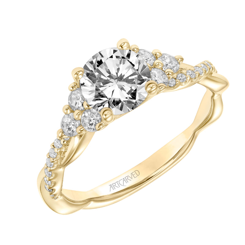 Artcarved Bridal Mounted with CZ Center Contemporary 3-Stone Engagement Ring 18K Yellow Gold