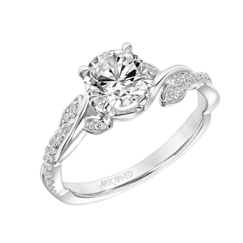 Artcarved Bridal Mounted with CZ Center Contemporary Floral Halo Engagement Ring Petaluma 18K White Gold