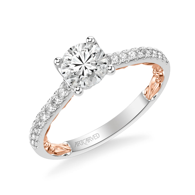 Artcarved Bridal Semi-Mounted with Side Stones Classic Lyric Engagement Ring Marta 14K White Gold Primary & 14K Rose Gold