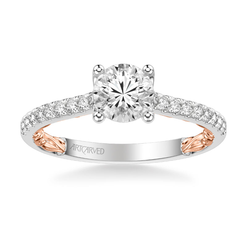Artcarved Bridal Semi-Mounted with Side Stones Classic Lyric Engagement Ring Marta 14K White Gold Primary & 14K Rose Gold