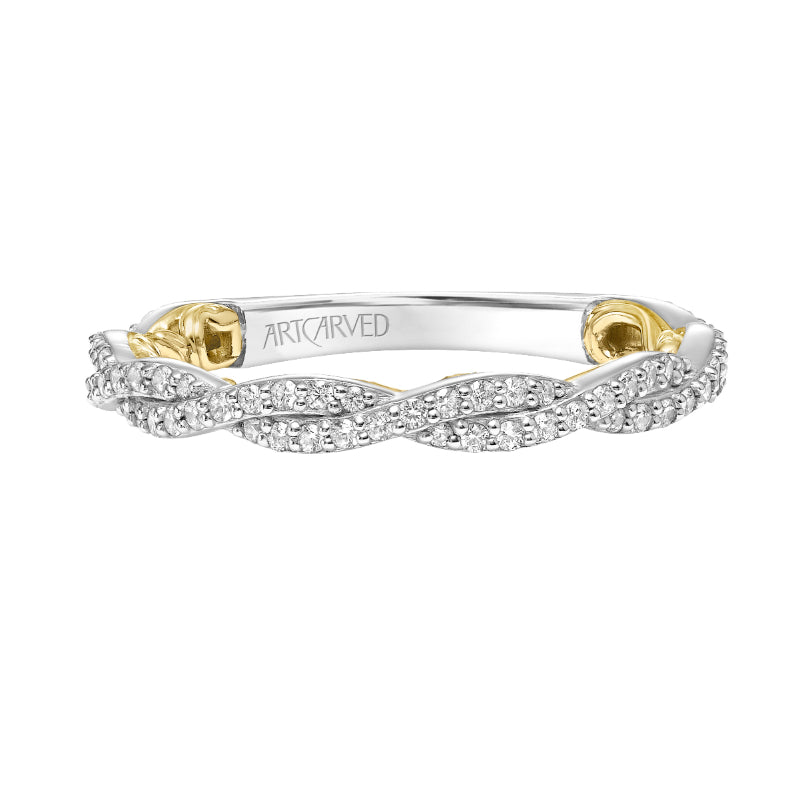 Artcarved Bridal Mounted with Side Stones Contemporary Lyric Diamond Wedding Band Ione 14K White Gold Primary & 14K Yellow Gold