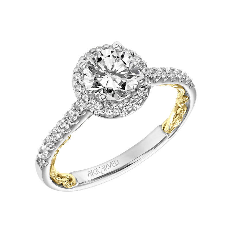 Artcarved Bridal Semi-Mounted with Side Stones Classic Lyric Halo Engagement Ring Theda 14K White Gold Primary & 14K Yellow Gold