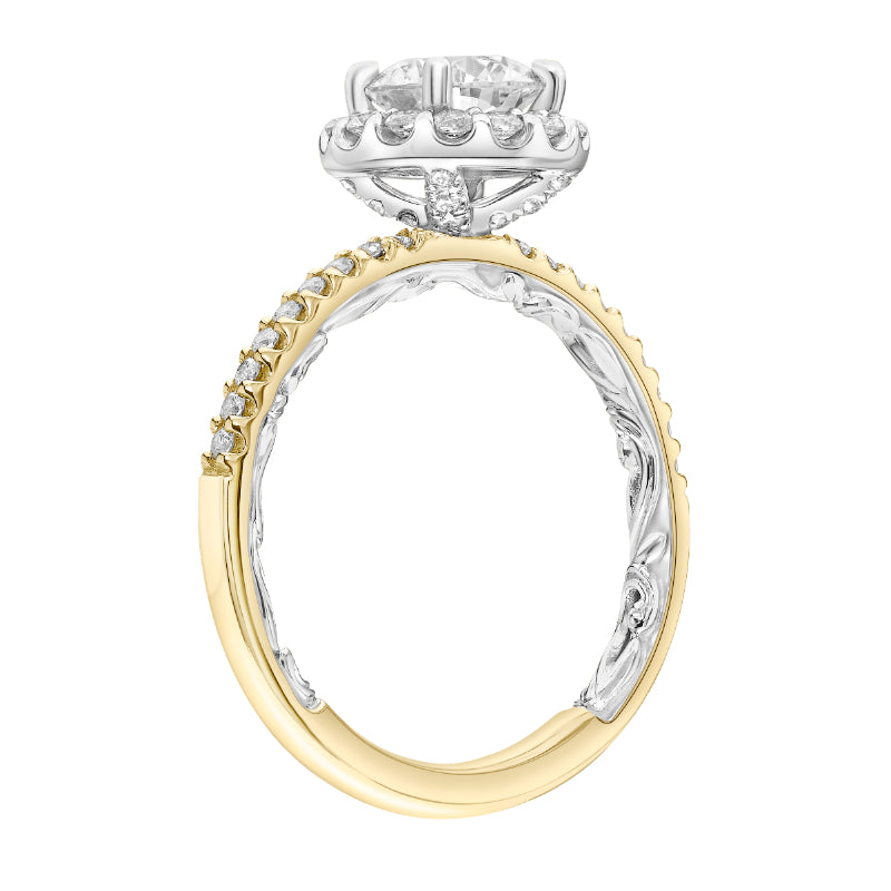 Artcarved Bridal Semi-Mounted with Side Stones Classic Lyric Halo Engagement Ring Winifred 14K Yellow Gold Primary & 14K White Gold