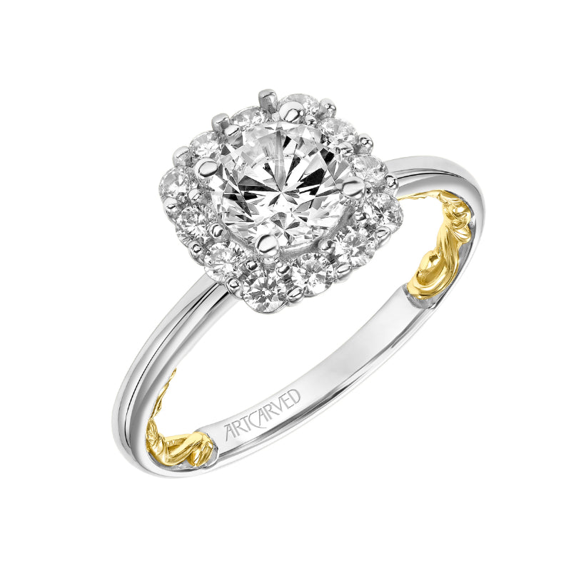 Artcarved Bridal Semi-Mounted with Side Stones Classic Lyric Halo Engagement Ring Courtney 14K White Gold Primary & 14K Yellow Gold