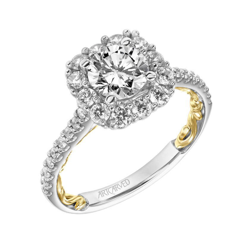 Artcarved Bridal Semi-Mounted with Side Stones Classic Lyric Halo Engagement Ring Cherise 14K White Gold Primary & 14K Yellow Gold