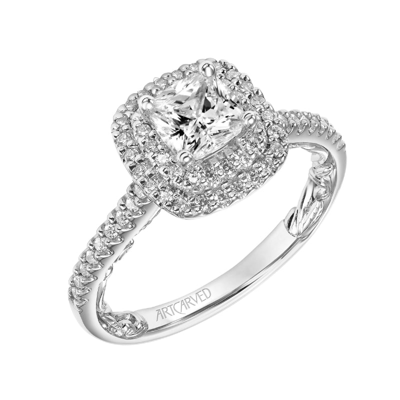 Artcarved Bridal Semi-Mounted with Side Stones Classic Lyric Halo Engagement Ring Haven 14K White Gold