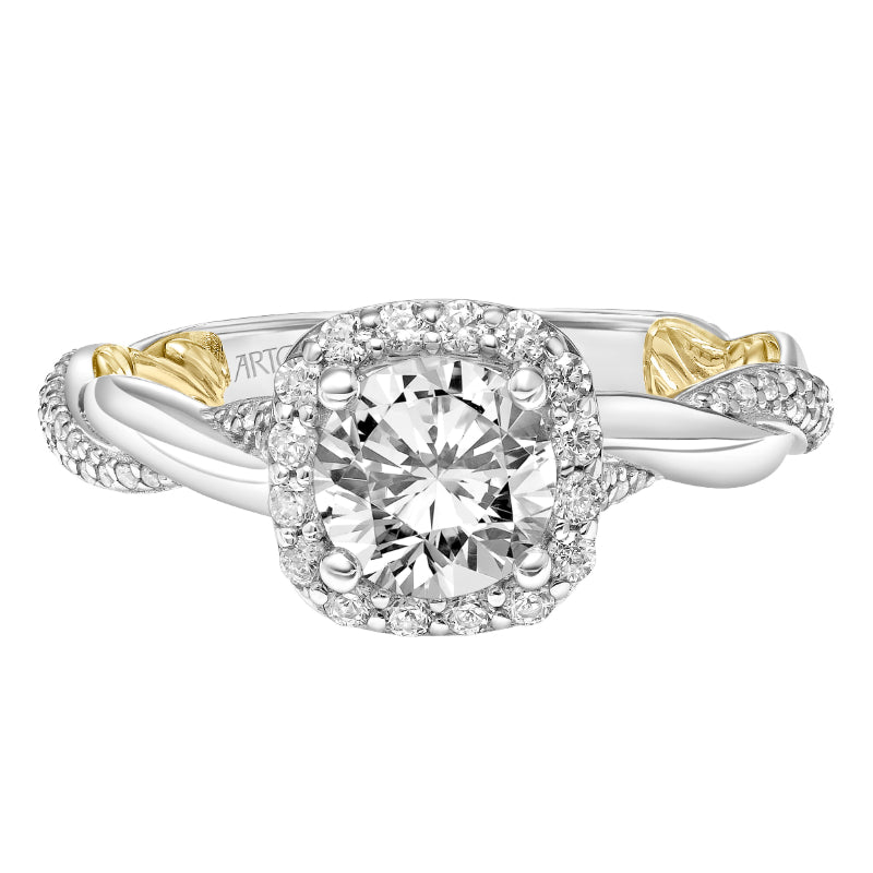 Artcarved Bridal Semi-Mounted with Side Stones Contemporary Lyric Halo Engagement Ring Ainsley 14K White Gold Primary & 14K Yellow Gold