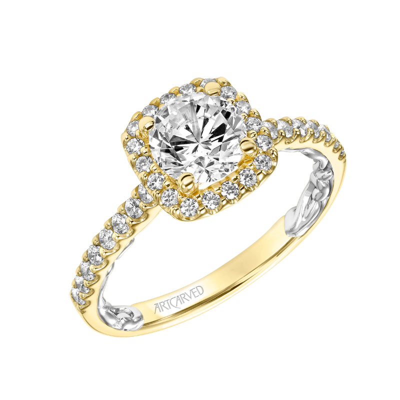 Artcarved Bridal Semi-Mounted with Side Stones Classic Lyric Halo Engagement Ring Mellie 14K Yellow Gold Primary & 14K White Gold