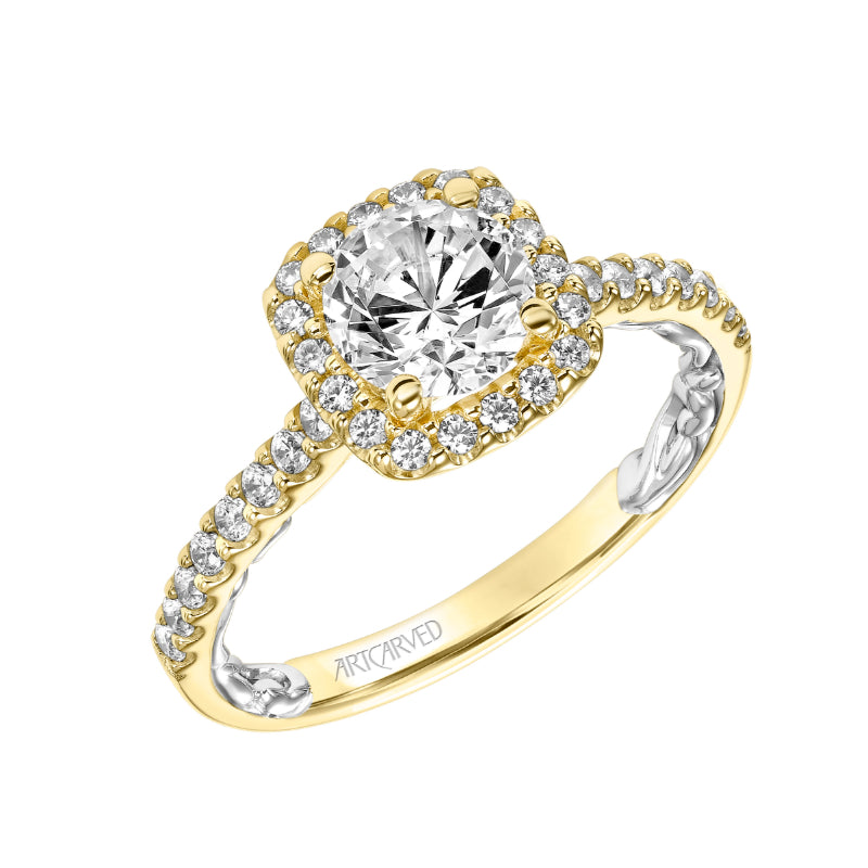 Artcarved Bridal Semi-Mounted with Side Stones Classic Lyric Halo Engagement Ring Mellie 18K Yellow Gold Primary & White Gold