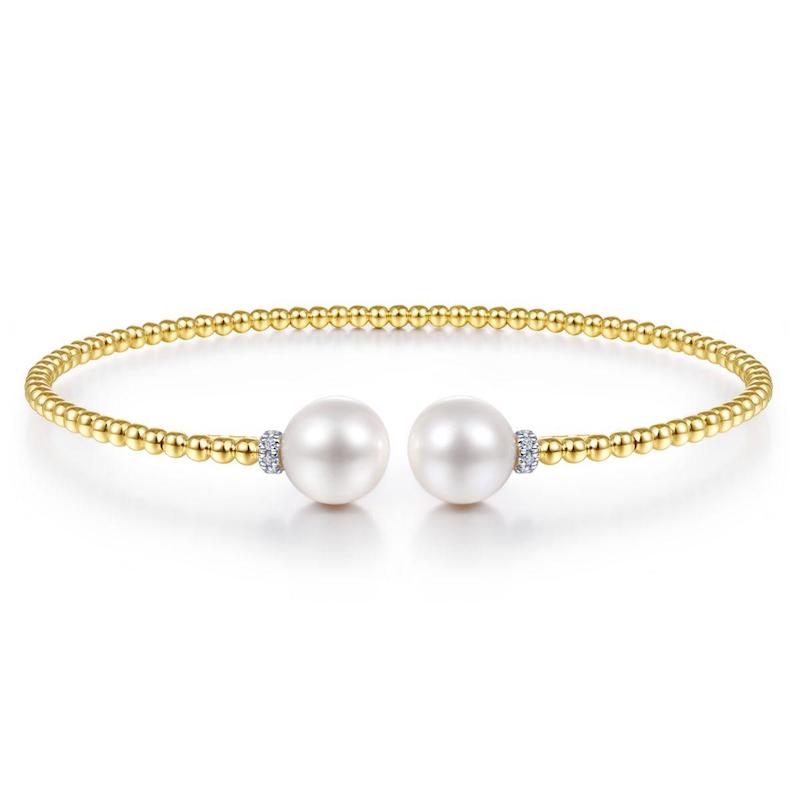 Gabriel & Co. 14k Yellow Gold Bujukan Pearl & Diamond Bangle Bracelet