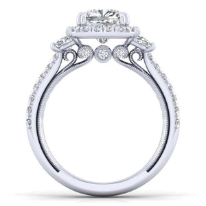 Gabriel & Co. 14k White Gold Victorian 3 Stone Halo Engagement Ring