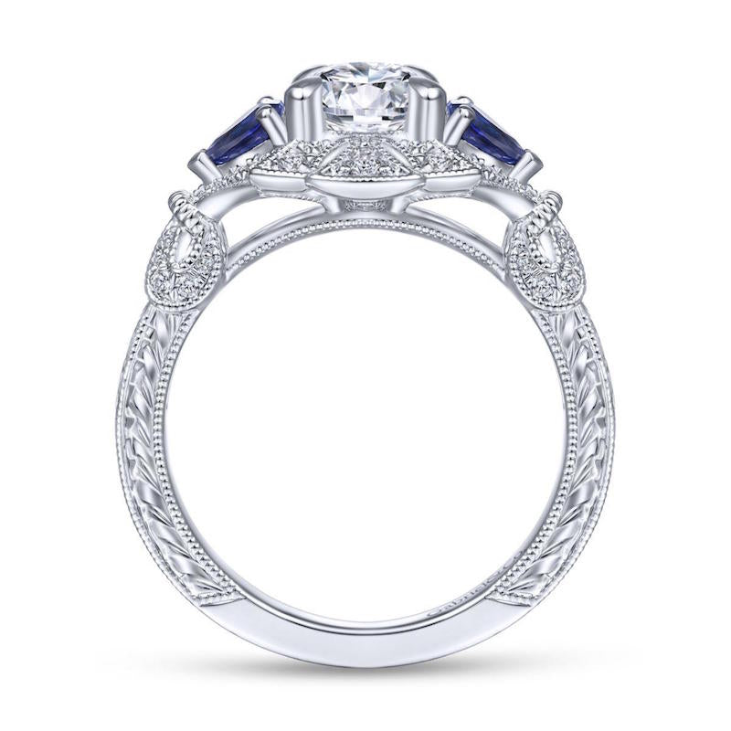 Gabriel & Co. 14k White Gold Art Deco 3 Stone Diamond & Gemstone Halo Engagement Ring